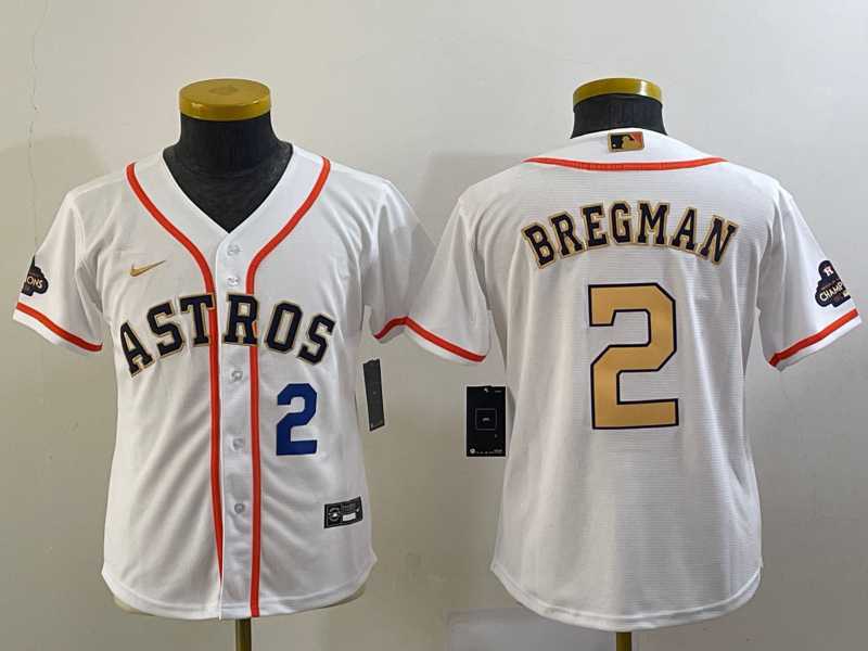 Youth Houston Astros #2 Alex Bregman Number 2023 White Gold World Serise Champions Patch Cool Base Jersey